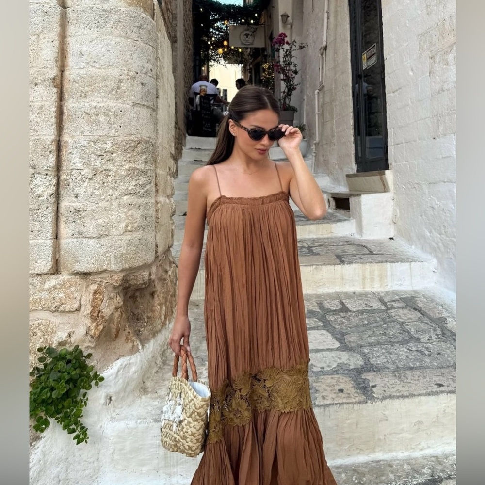 Zara NWT Tan Brown Wrinkled Embroidered Contrast Crochet Midi Maxi Dress (Small) - Picture 1 of 10